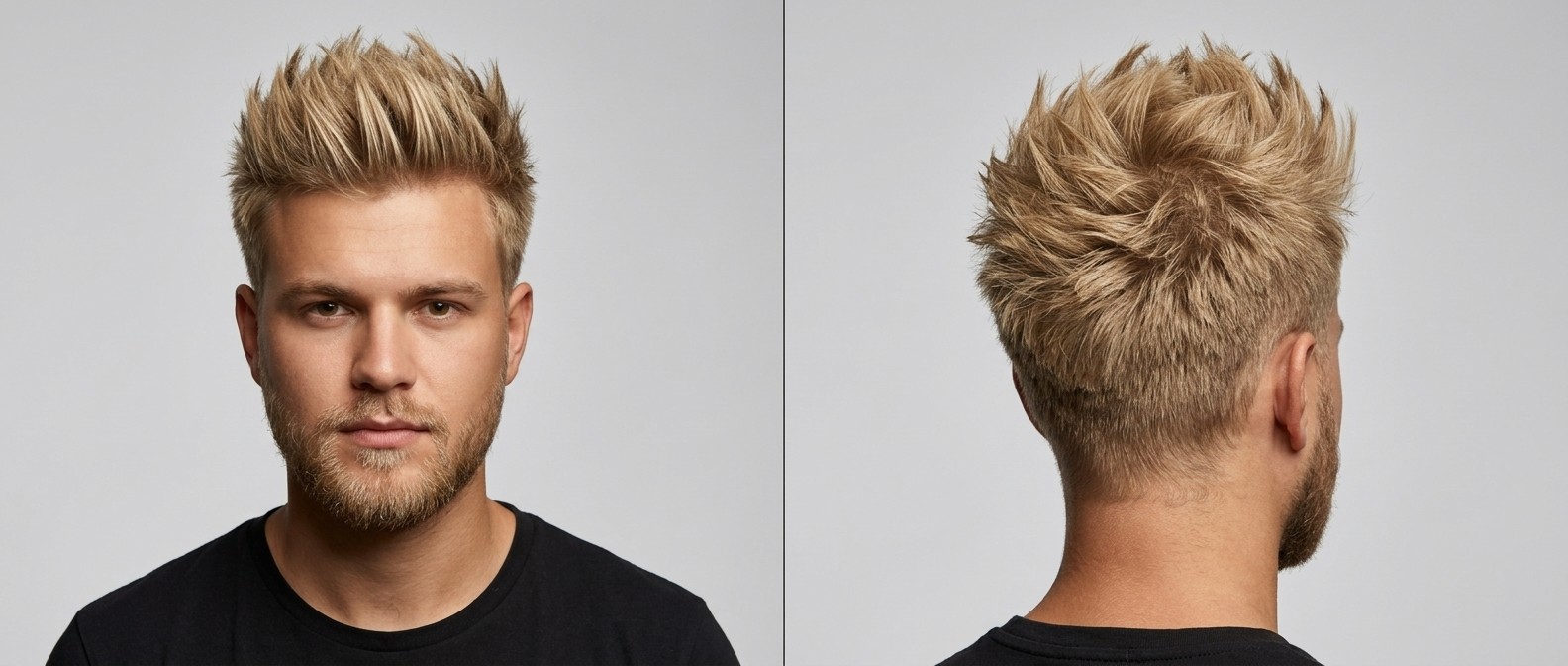 Vorder- und Rückansicht eines jungen blonden Mannes mit modernem Spiky Haircut, texturiertem Deckhaar und kurzem Taper Fade.