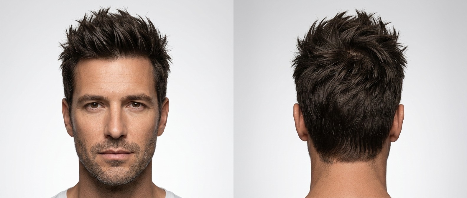 Reifer Mann mit dunklem, dickem Haar trägt einen modernen, texturierten Spiky Haircut mit getaperten Seiten und gepflegtem Bart. Ansicht von vorne und hinten.