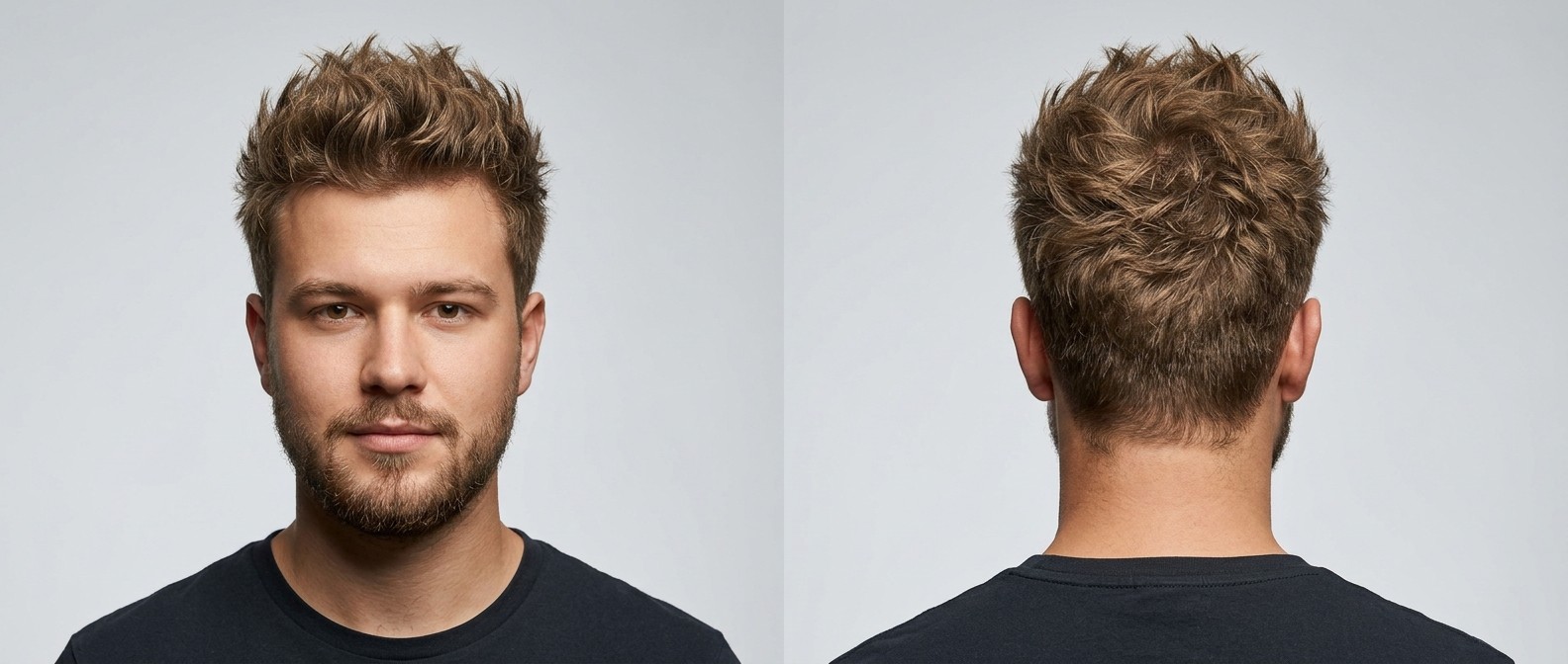 Junger Mann mit hellbraunem, texturiertem Wavy Spiky Hair und weichem Taper-Schnitt sowie gepflegtem Bart.