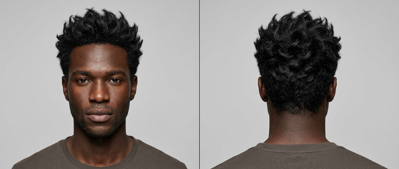 Front and back view of a young Black man with thick wavy hair styled in a textured spiky haircut with short tapered sides and subtle stubble.