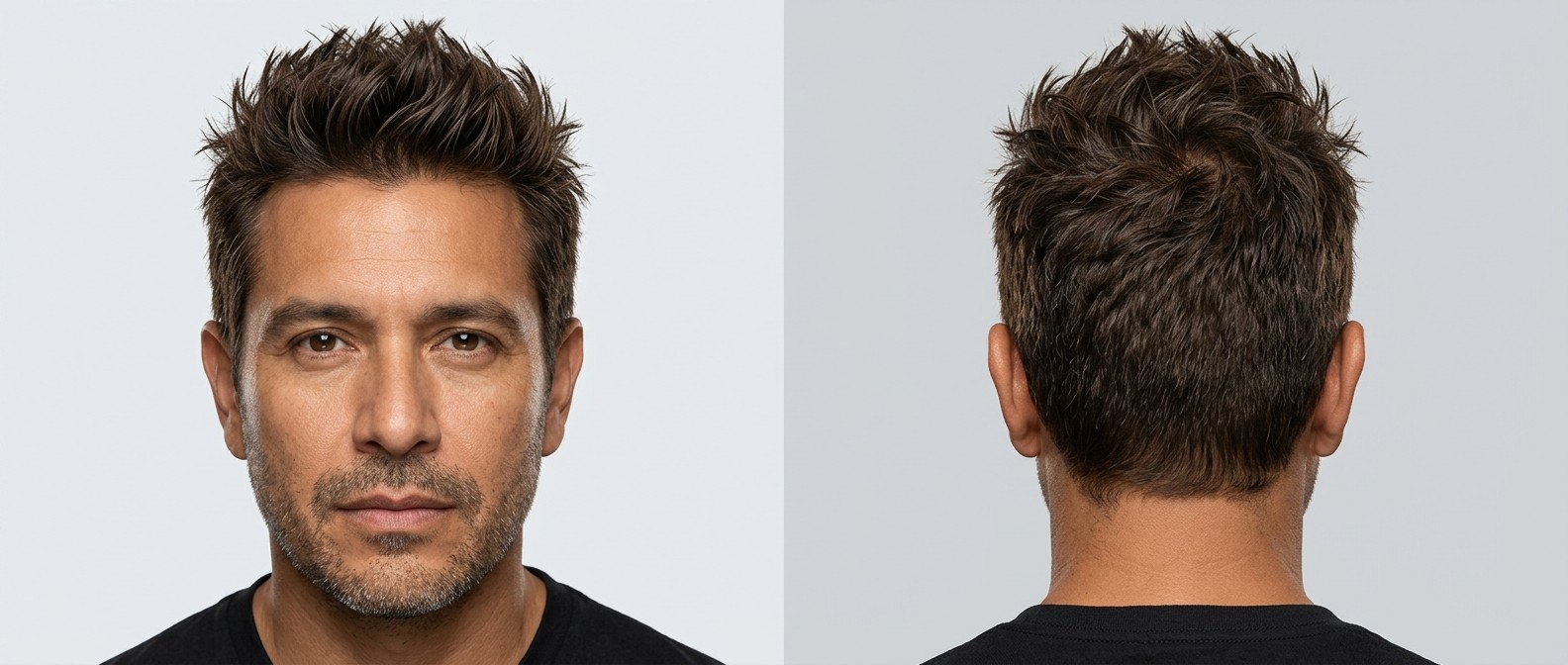 Vorder- und Rückansicht eines 45-jährigen Mannes mit dichtem, braunem, welligem Haar, texturiertem Spiky-Schnitt, Tapered Sides und Dreitagebart.