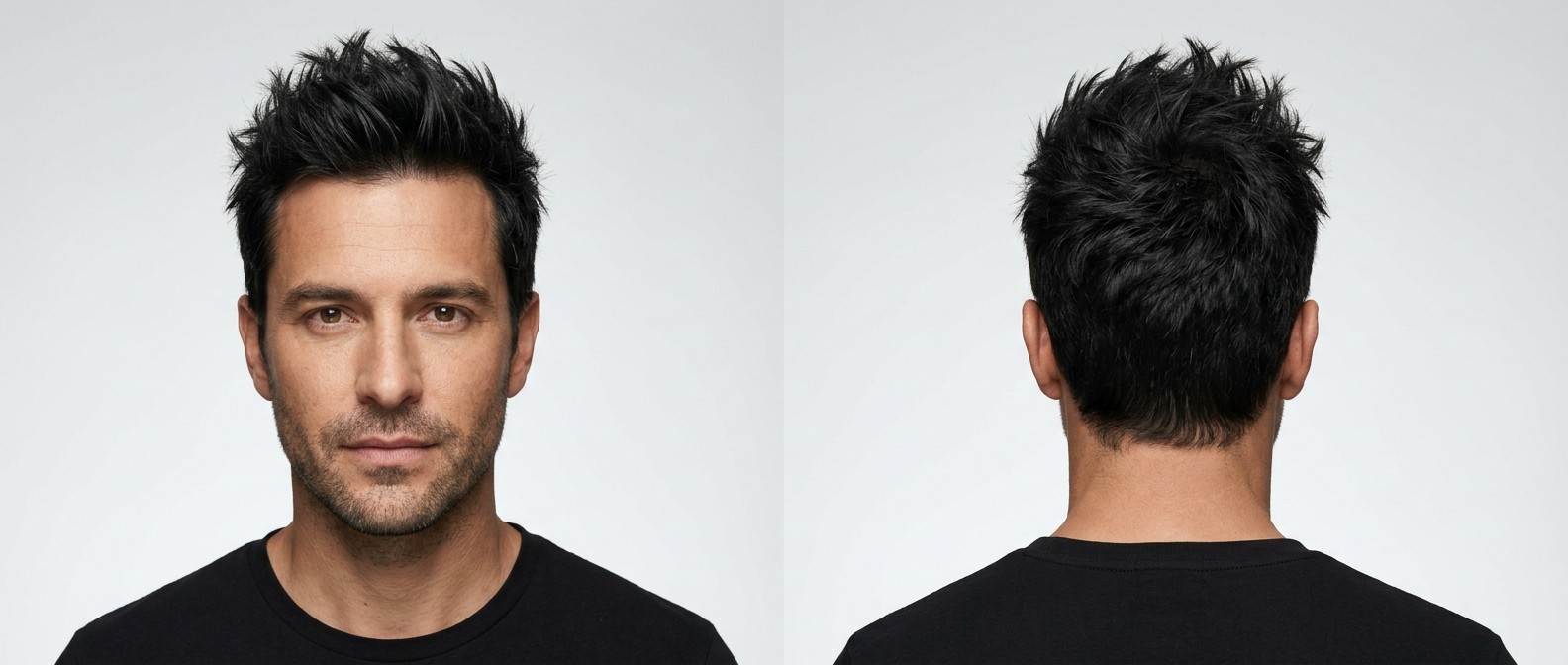 Front and back view of a Caucasian man in his late 30s with black hair styled in a modern, messy spiky haircut with tapered sides and soft stubble.