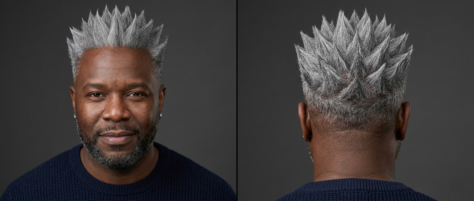 African American man aged 35-45 showcasing a bold silver dragon spiky hairstyle with thick sculpted triangular peaks and short blended sides.