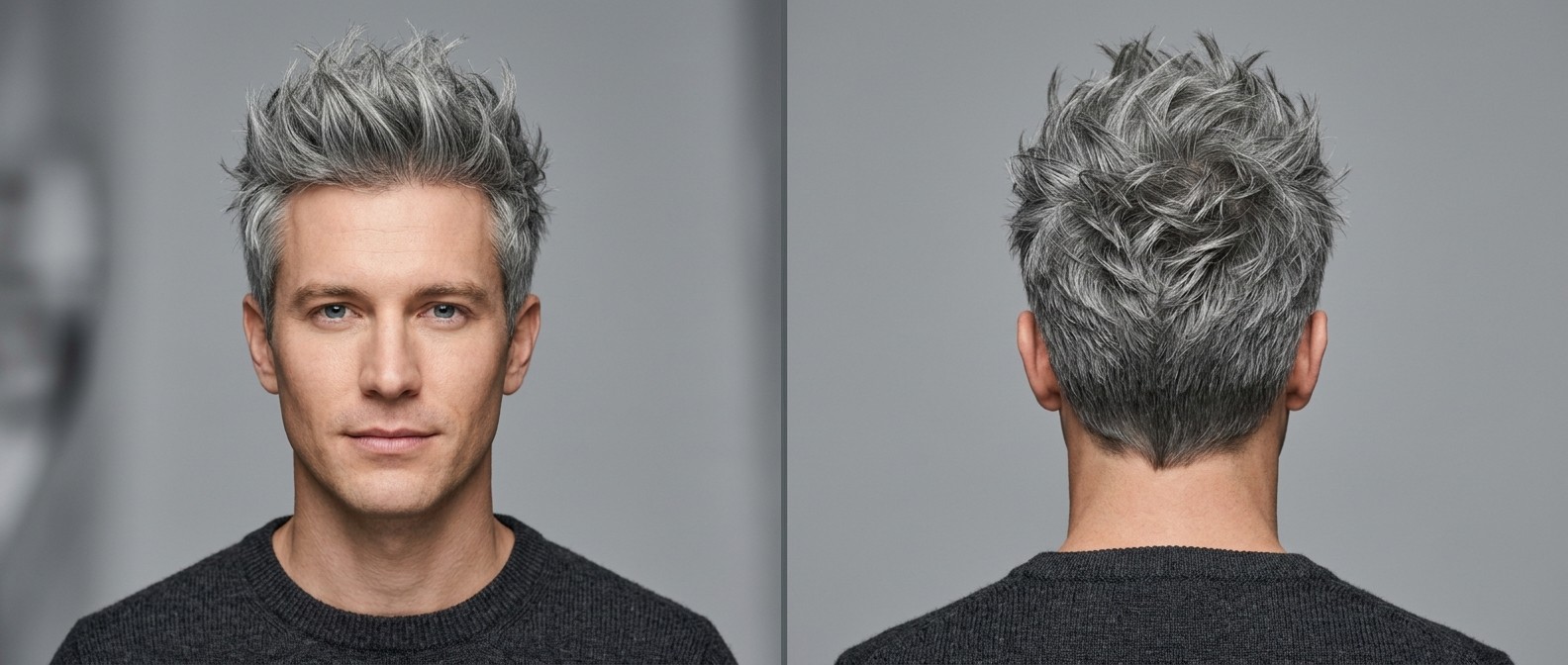 Front and back view of a young Caucasian man with silver hair styled in a modern, heavily textured spiky haircut with short tapered sides.
