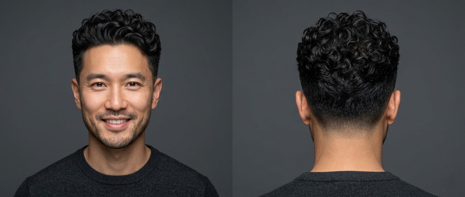 Hombre de 35-45 años con un corte Taper Fade corto y rizado, mostrando rizos tipo 3 definidos y un degradado limpio en laterales.