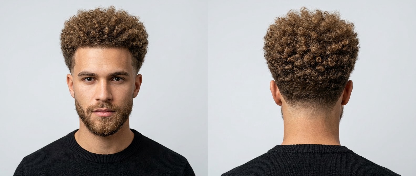 Young man with light brown Type 4 curls and a sharp taper fade, showcasing a voluminous rounded top and a neatly groomed medium beard.