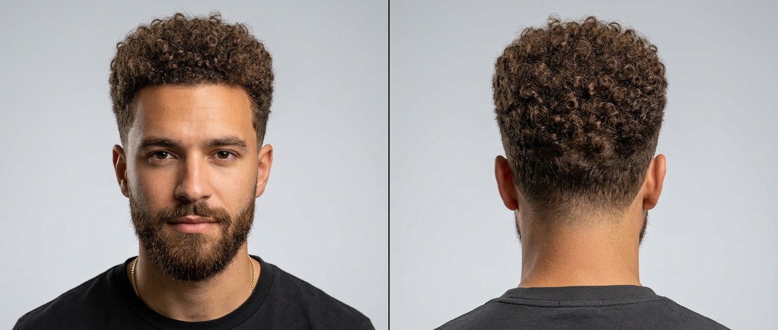 Front and back view of a young professional man with a medium curly taper fade, brown tight ringlets, and a well-groomed beard on a light grey background.