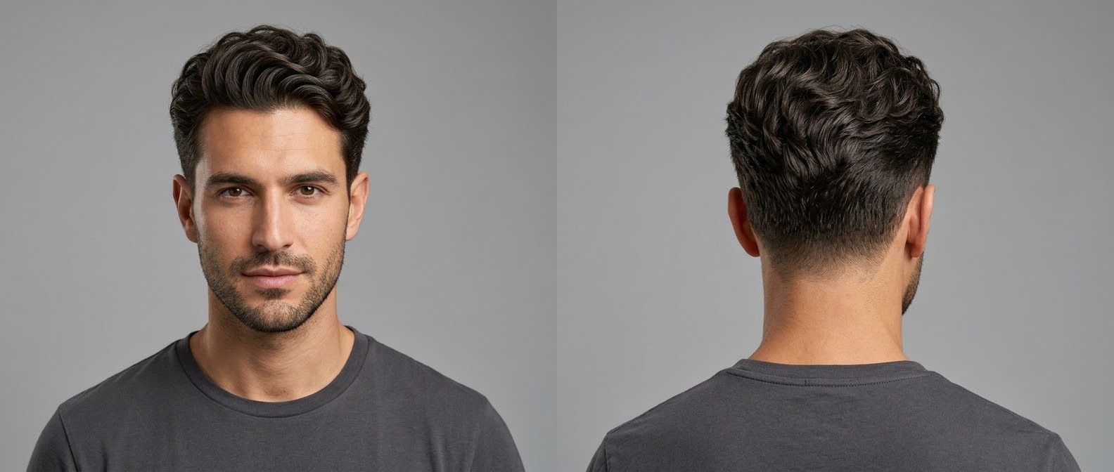 Vorder- und Rückansicht eines Mannes mit welliger Swept-Back-Frisur, Taper Fade an den Seiten, voluminösem Deckhaar und Bart.