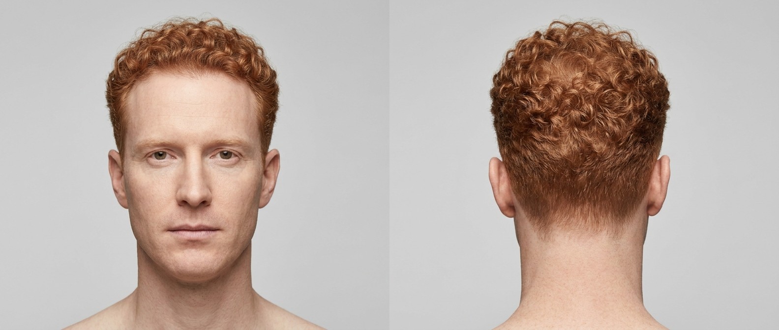 Vista frontal y posterior de un hombre de 35-45 años con cabello pelirrojo, corte taper fade rizado diseñado para cabello fino y entradas.