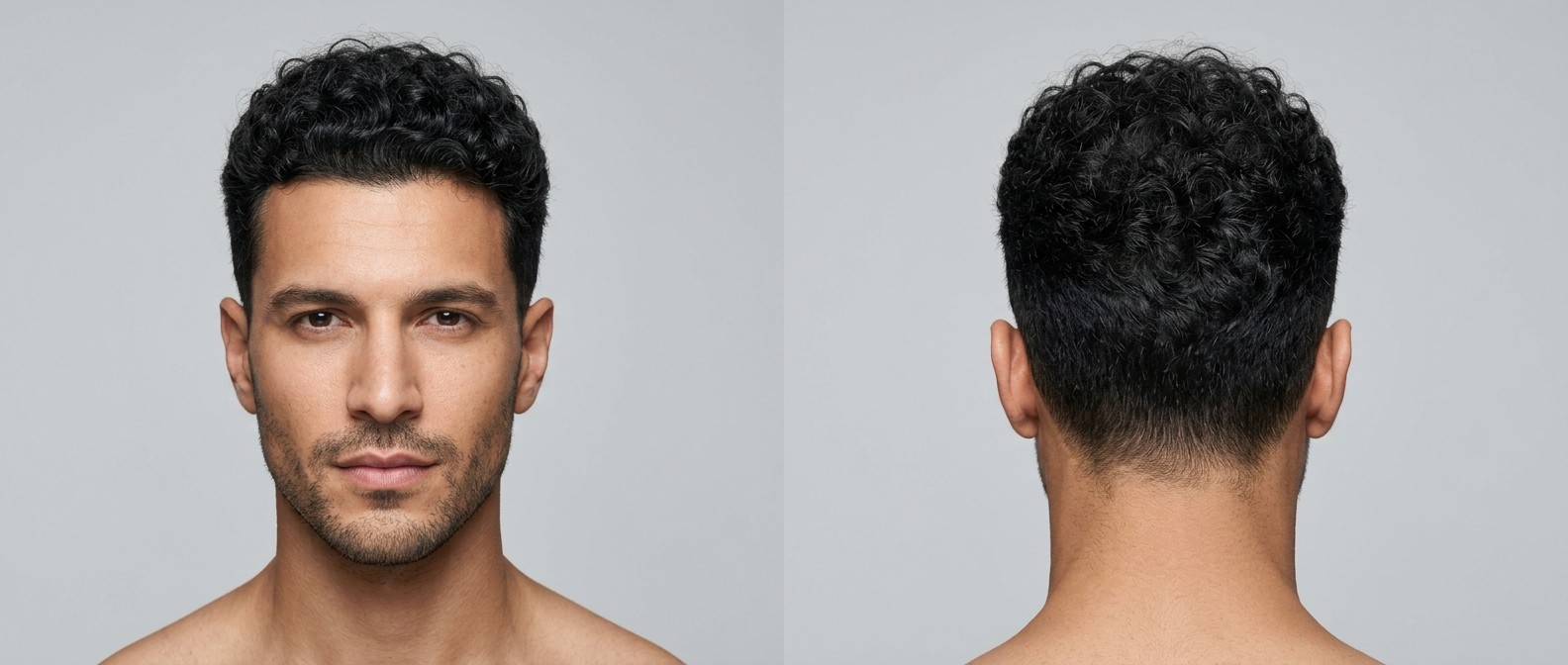 Vista frontal y trasera de un hombre con piel media y un corte taper fade corto para cabello rizado, con rizos definidos y nuca limpia.