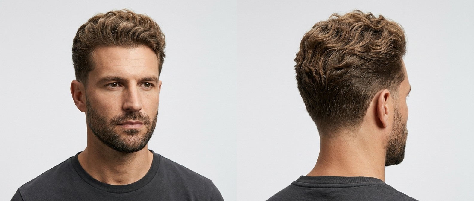 Vista frontal y lateral de un hombre con corte taper fade, ondas peinadas hacia atrás, mucho volumen y barba bien cuidada.
