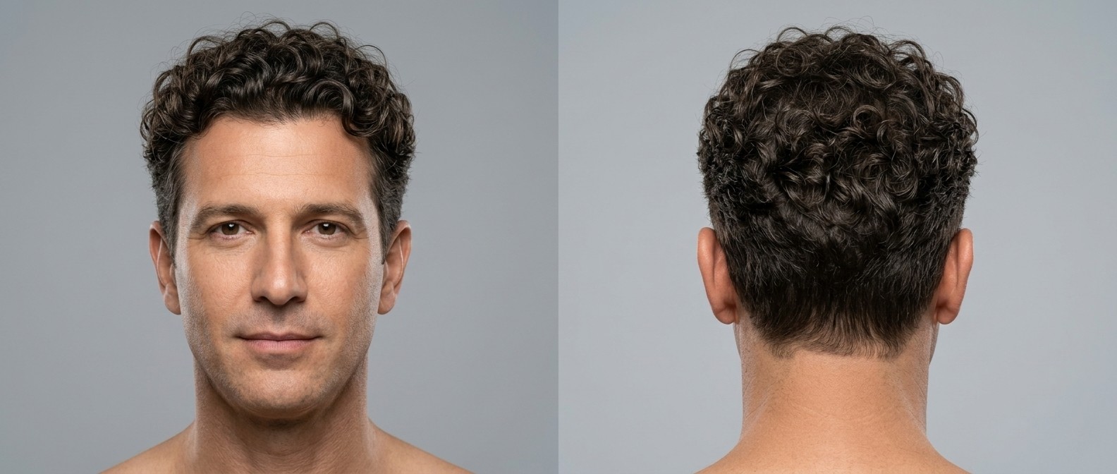 Vista frontal y posterior de un hombre maduro con cabello rizado castaño oscuro, corte taper clásico y parte superior texturizada.