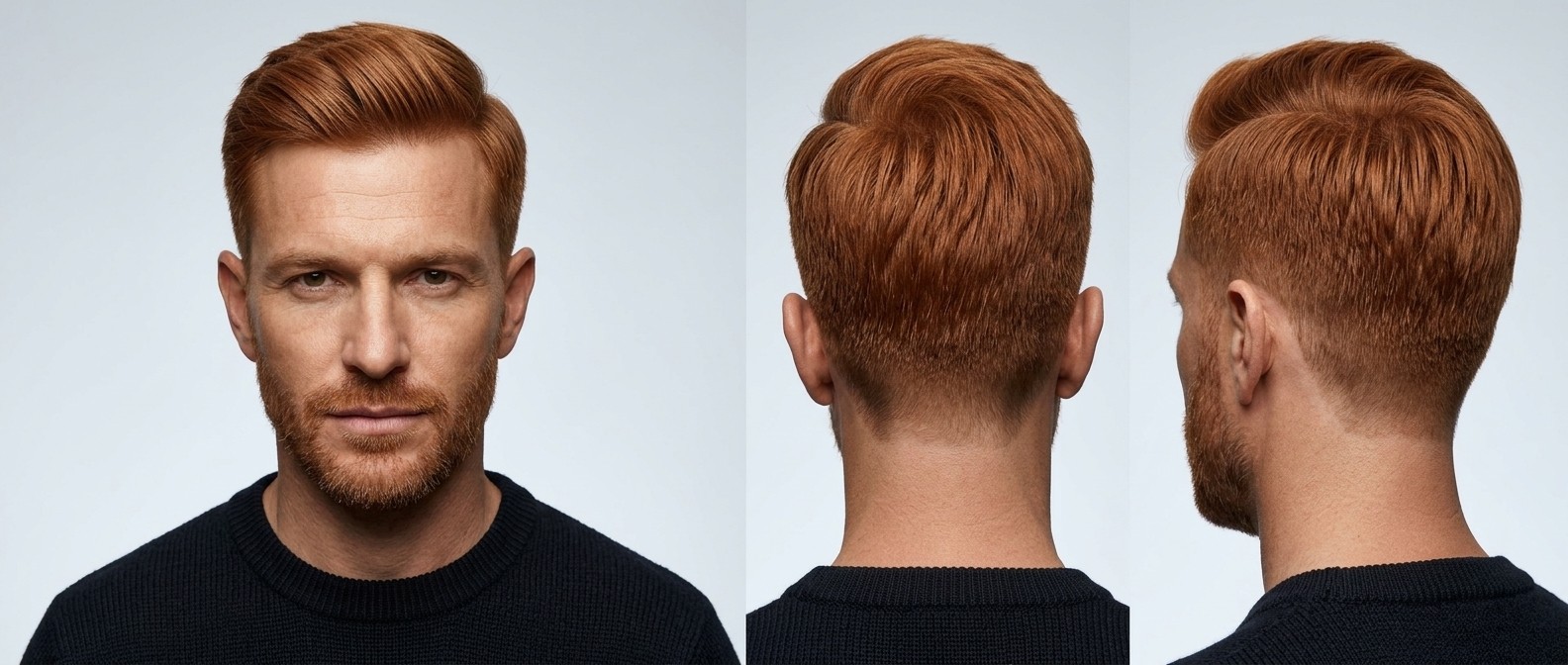 Hombre maduro con cabello pelirrojo y barba corta luciendo un corte taper lateral con volumen natural y laterales difuminados.
