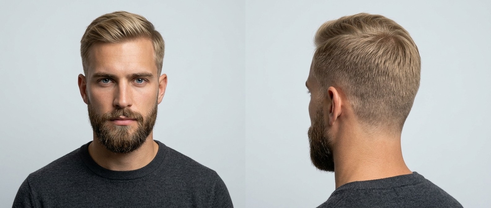 Joven rubio con barba corta luciendo un corte taper fade peinado hacia un lado para cabello fino y lacio.
