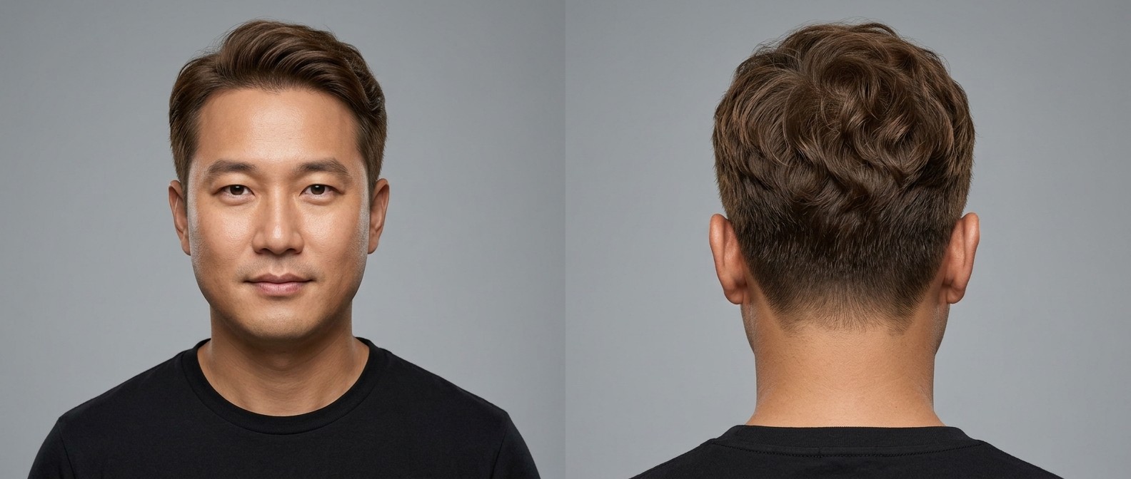 Hombre asiático con corte taper ondulado de longitud media, con top voluminoso hacia atrás y laterales limpios para un look profesional.
