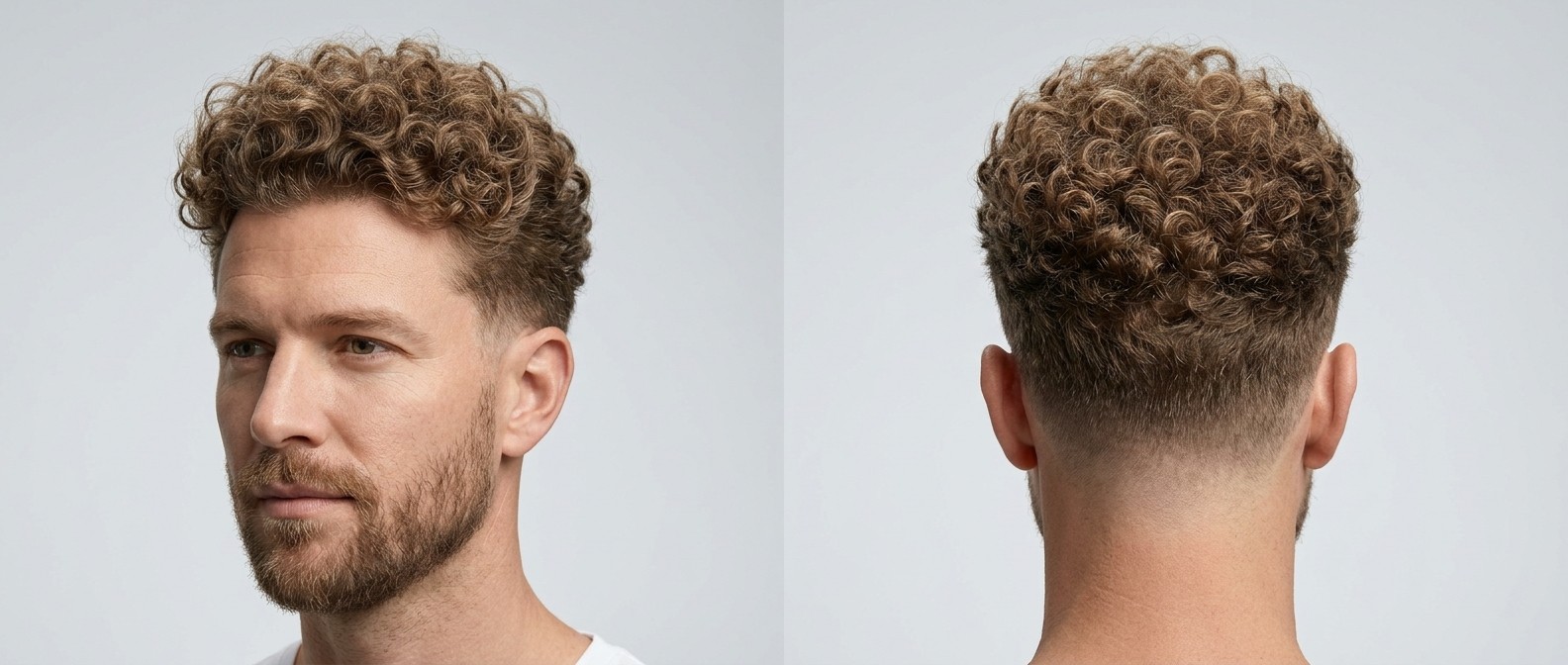 Front and back view of a man with light brown, tightly curled hair featuring a clean taper fade on the sides and a short, neatly groomed beard.