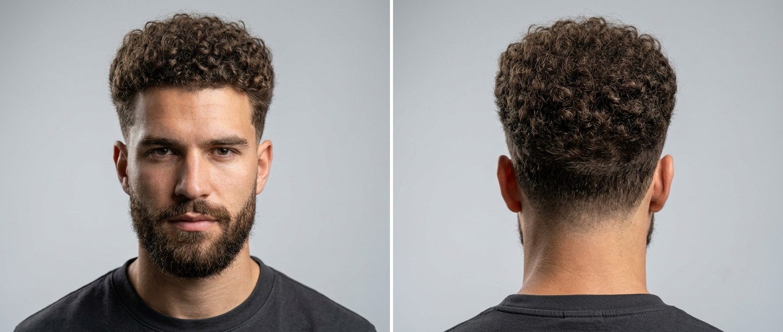 Front and back view of a young man with a thick curly taper fade, featuring dense natural ringlets and a perfectly blended beard on a grey background.