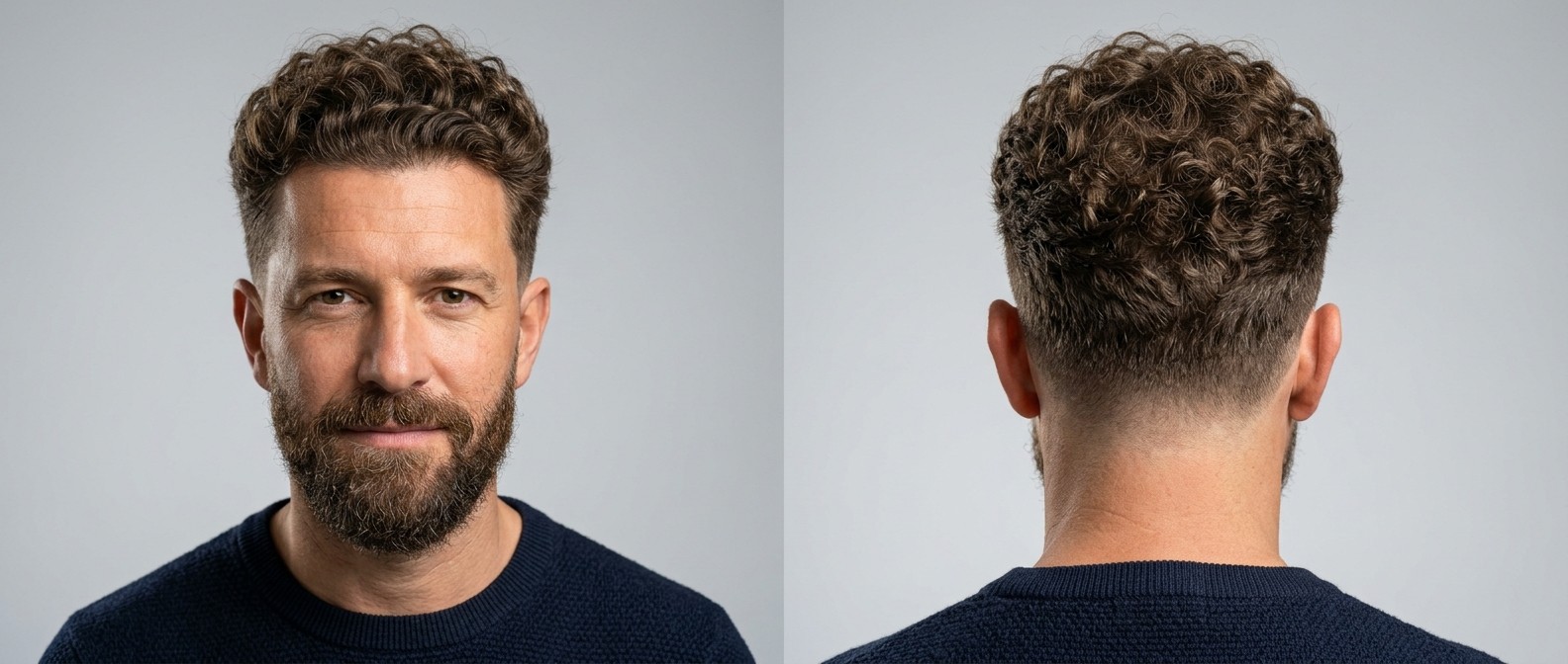 Front and back view of a mature man with a thick curly taper fade, medium top length ringlets, and a neatly groomed full beard.