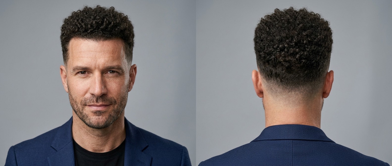 Mature Caucasian man with dark brown, tightly coiled curly hair featuring a sharp front edge-up, short top, and a clean skin taper fade.