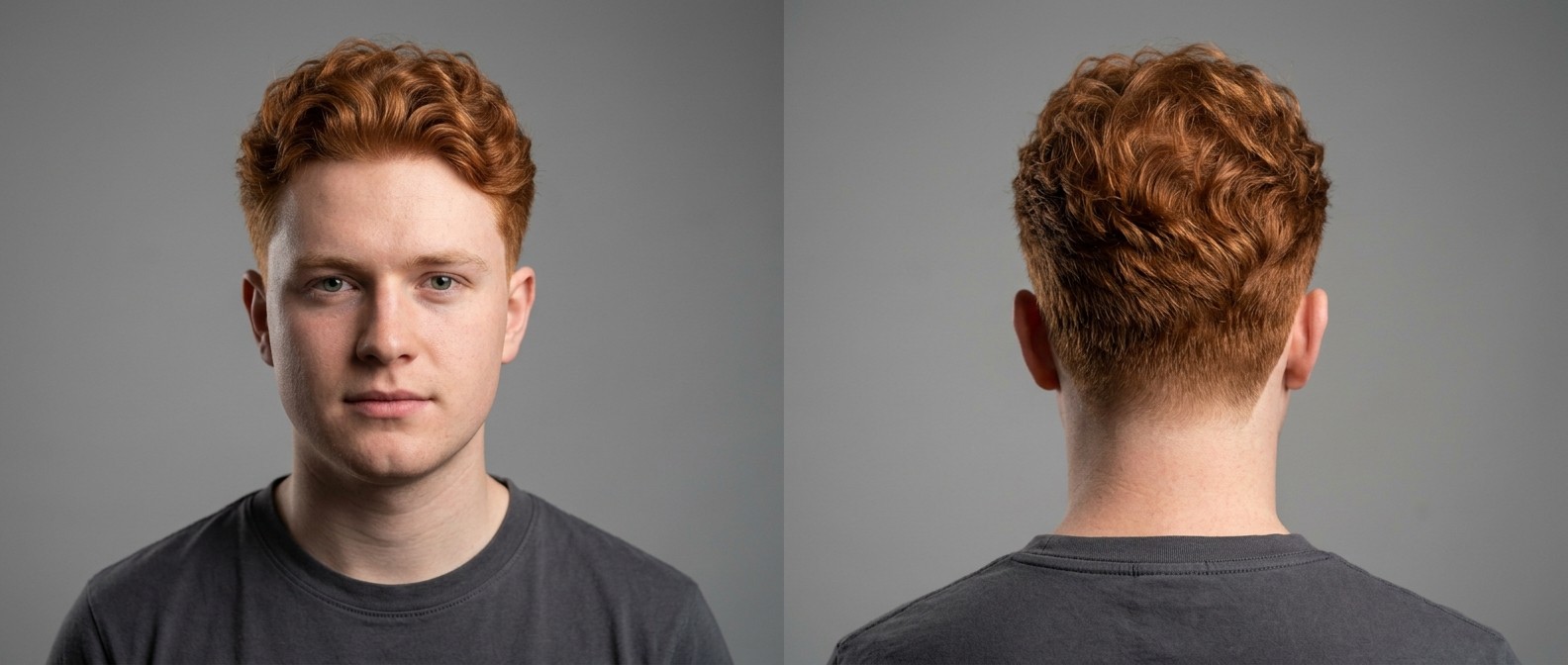 Young man with light skin and vibrant red wavy hair featuring a casual medium-length top, meticulously tapered sides, and a slightly receding hairline.