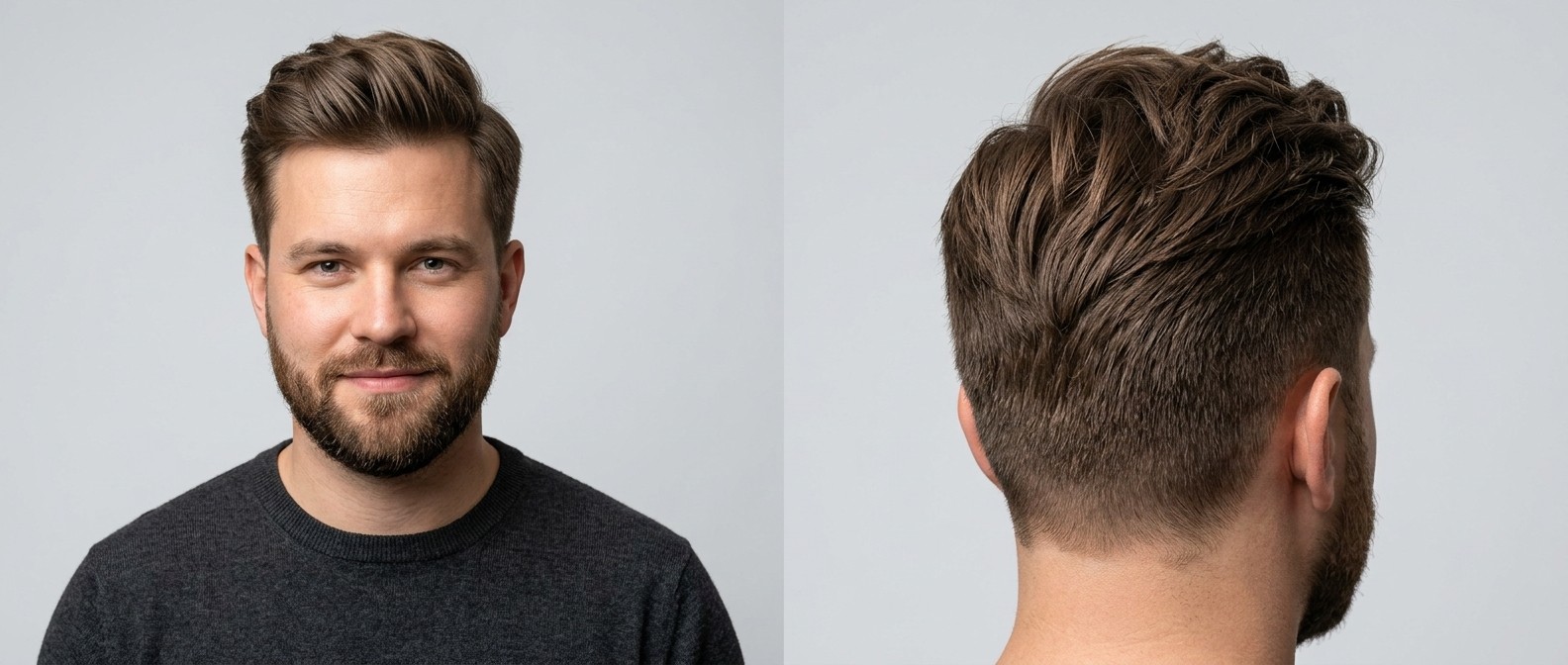 Young Caucasian man with a short beard demonstrating a swept-back textured top hairstyle with tapered sides, ideal for round faces and straight hair.