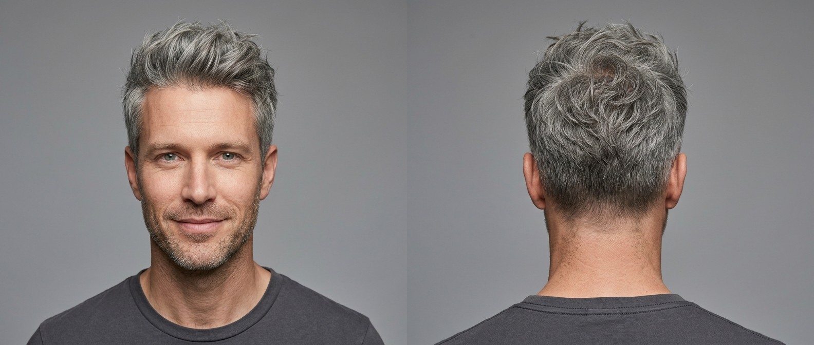 Front and back view of a 40-year-old man with a silver textured top haircut, featuring softly tapered short sides and an upward swept fringe.