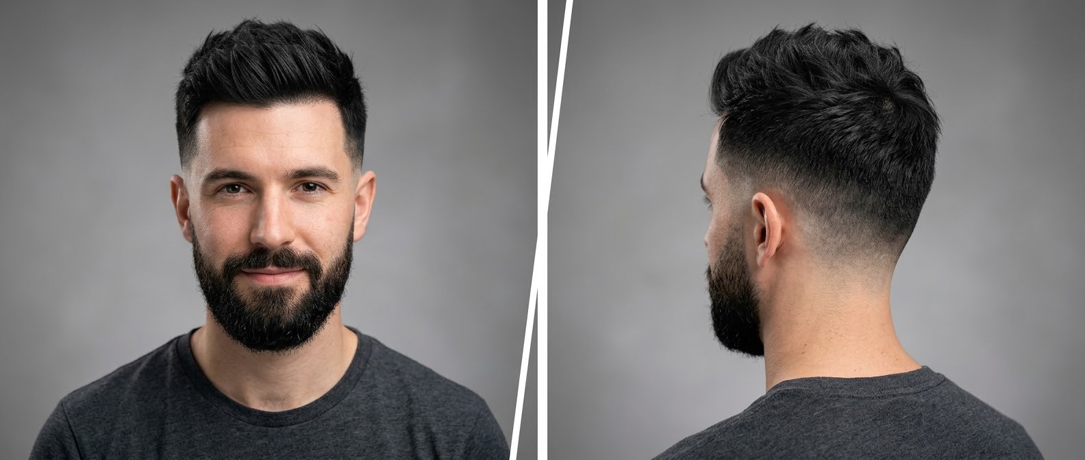 Man with a textured top haircut, mid drop skin fade, and full beard, showcasing an upward messy style on fine straight black hair.