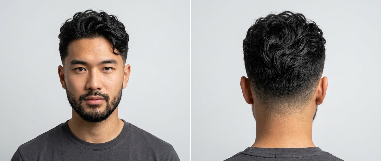 Front and back view of a young Asian man with a beard, sporting a wavy textured top haircut with a shadow fade, ideal for fine hair and receding hairlines.