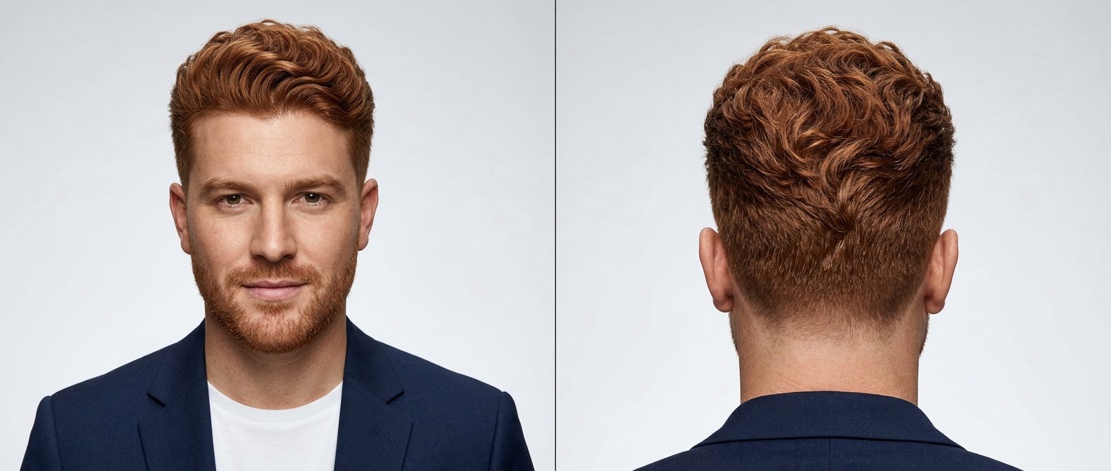 Front and back view of a young man with a short wavy textured top haircut, featuring softly tapered sides, thick red hair, and a stubble beard.
