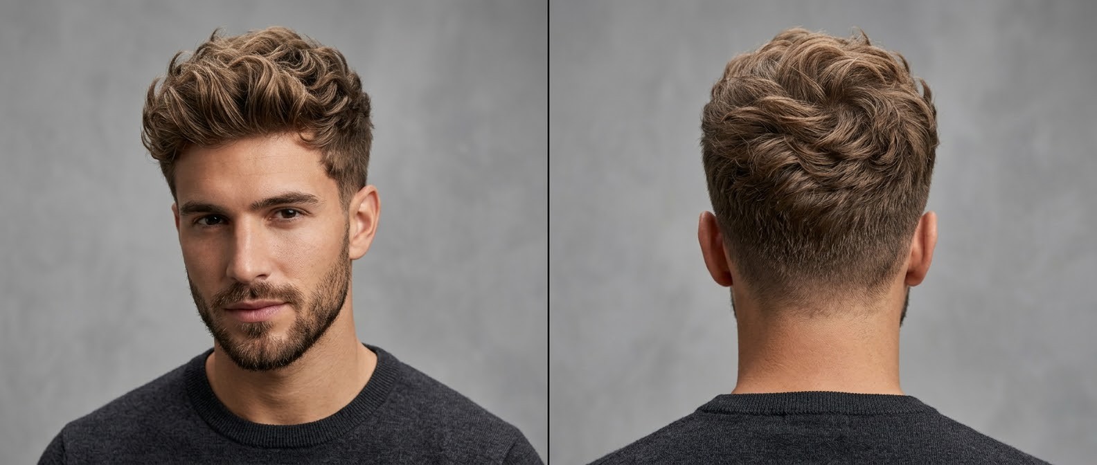 Young man with a wavy textured top haircut, short tapered sides, and a neat short beard, showing front and back views of the thick hair.
