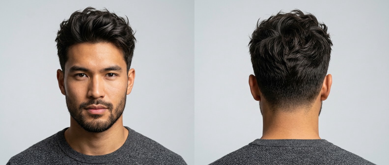 Front and back view of a young Asian man with a textured top hairstyle, featuring short tapered sides and medium, swept-back piecey volume on top.