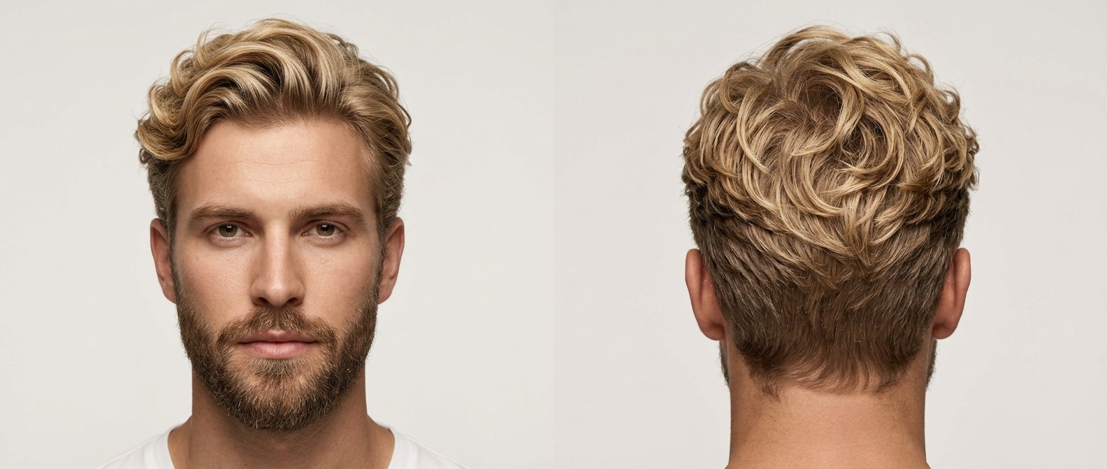 Homem loiro com barba, usando um corte ondulado texturizado com volume no topo e laterais em taper suave.