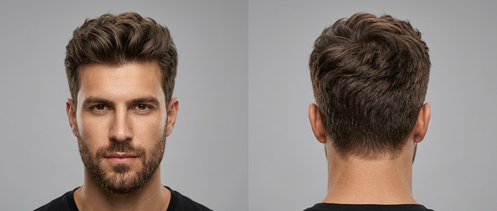 Vista frontal e traseira de um homem com barba curta usando um corte moderno texturizado com volume para trás e laterais em degradê.