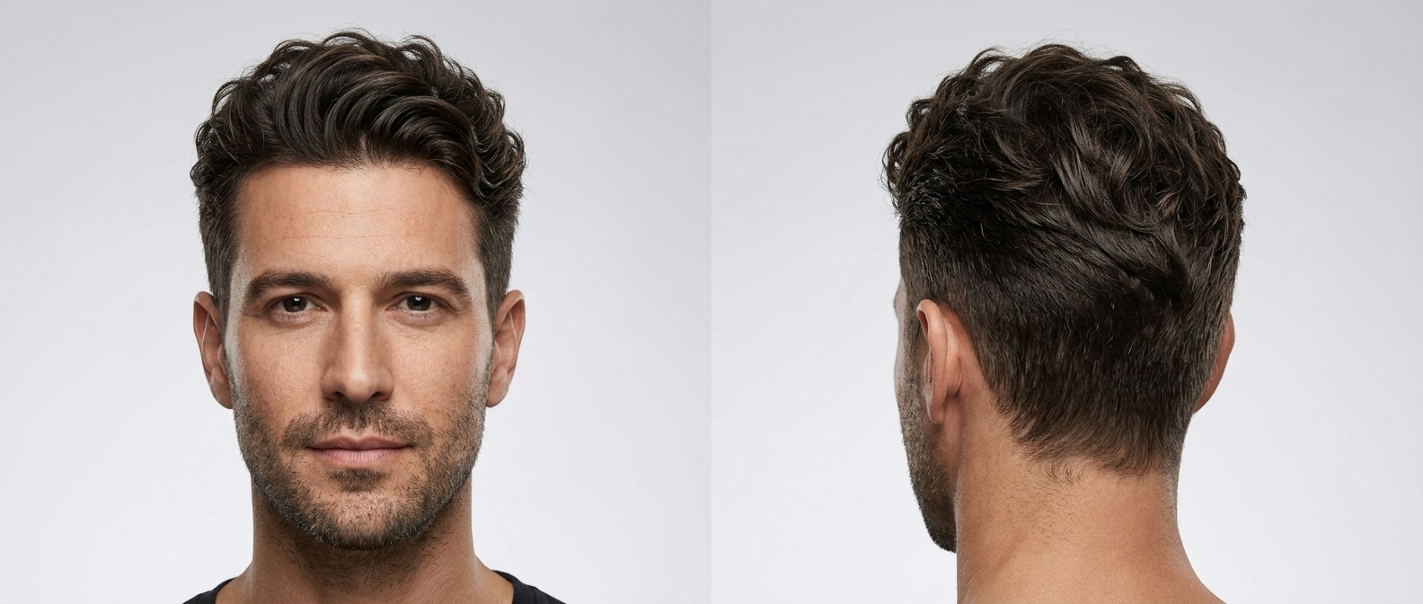 Homem caucasiano com barba por fazer exibindo um corte de cabelo ondulado texturizado com volume para trás e laterais degradê.