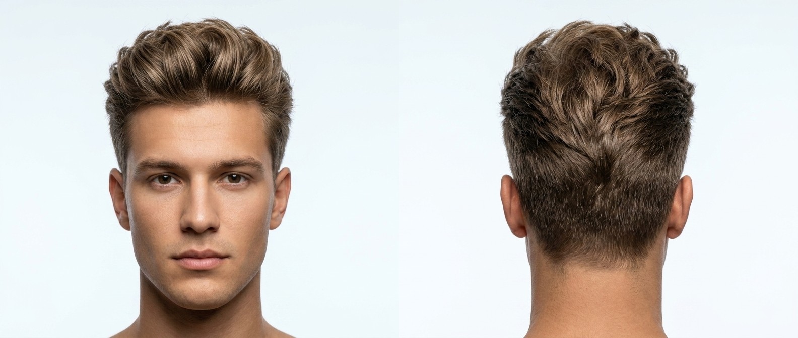 Vista frontal e traseira de um homem jovem com corte texturizado volumoso, laterais em degradê e cabelo castanho claro.