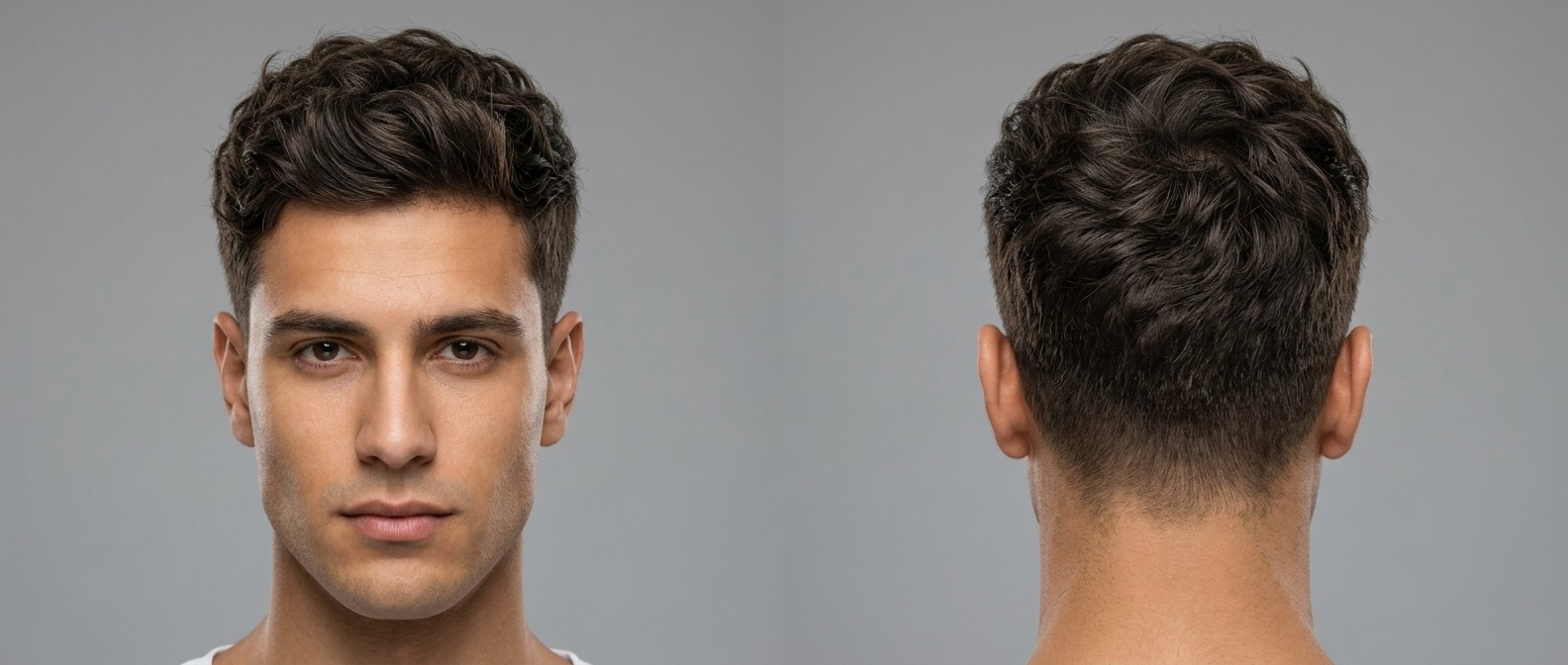 Homem jovem com corte texturizado e ondulado, laterais em degradê suave e acabamento matte.