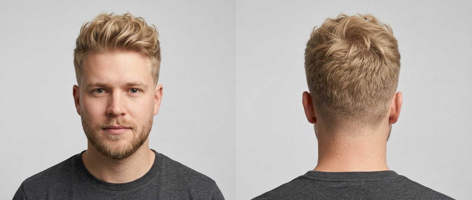 Vista frontal e lateral de um homem loiro com barba curta, exibindo um corte textured top com laterais em degradê e franja volumosa.