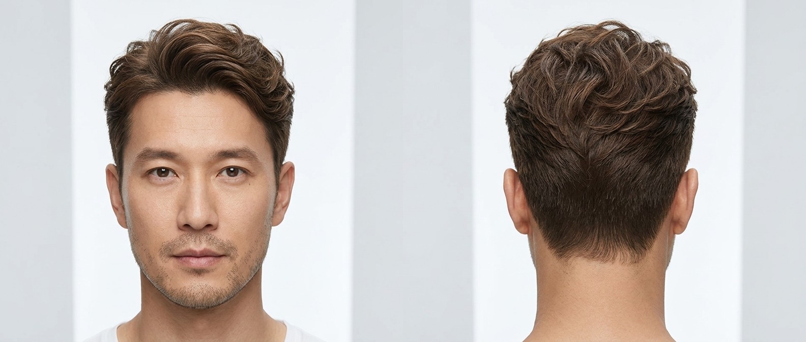 Homem asiático de pele clara com barba por fazer, usando um corte texturizado com ondas e volume jogado para trás.
