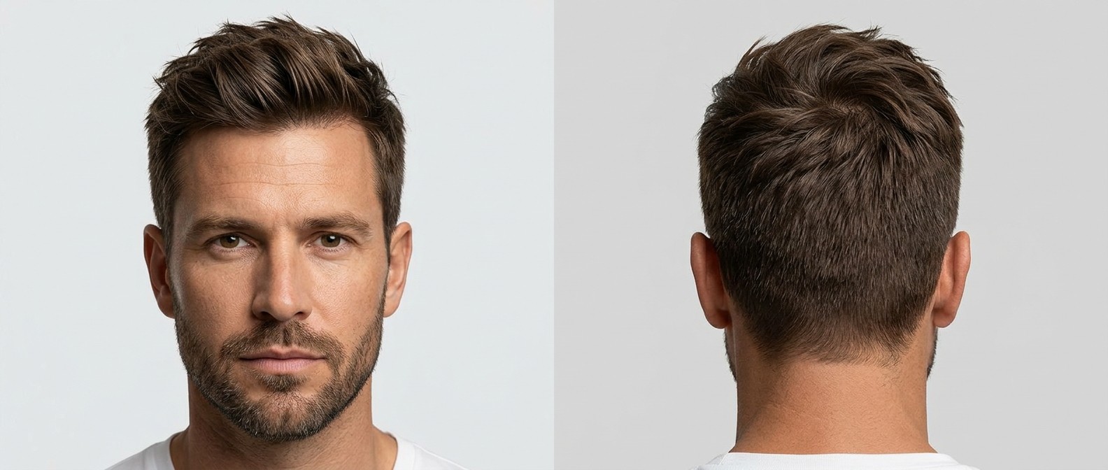 Homem de 40 anos com corte texturizado curto, topete, laterais em degradê e barba curta castanha.