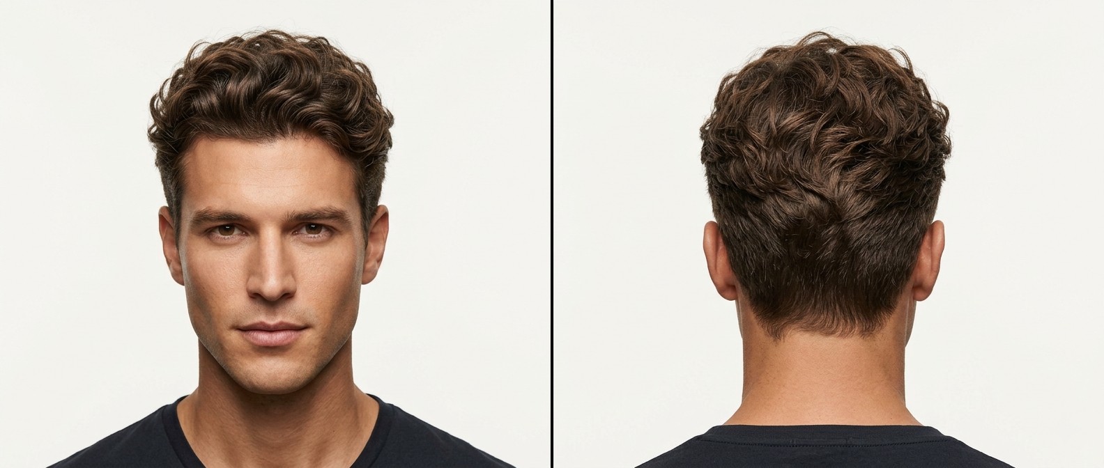Vista frontal e lateral de um homem com cabelo ondulado e texturizado, laterais em degradê e acabamento natural.