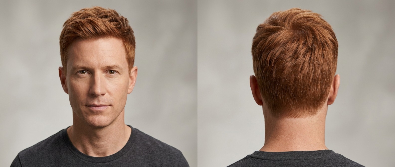 Front and back view of a 45-year-old man with vibrant red hair modeling a short textured top haircut with soft tapered sides and an upward swept fringe.