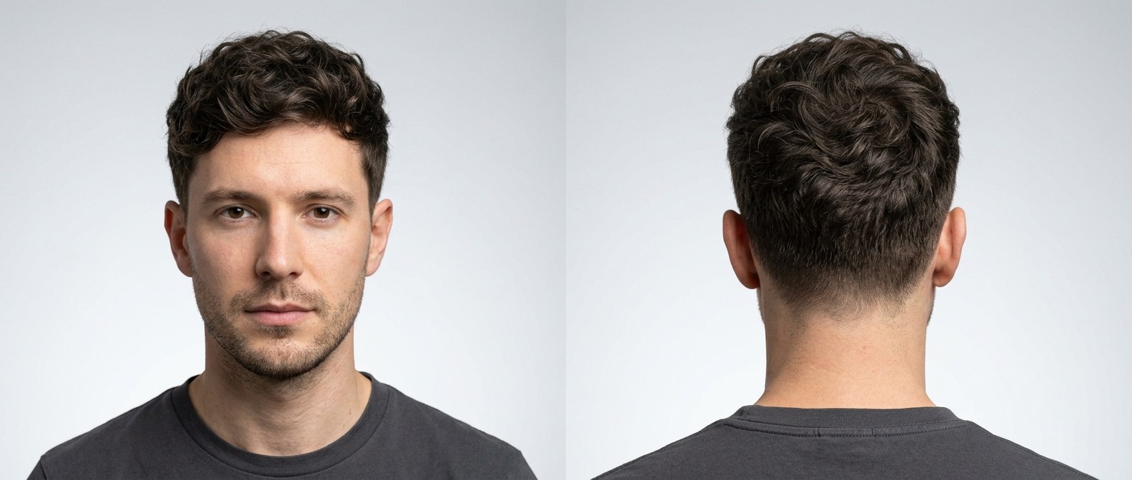 Front and back view of a Caucasian man with dark brown, wavy textured hair, featuring a forward fringe and softly tapered short sides.