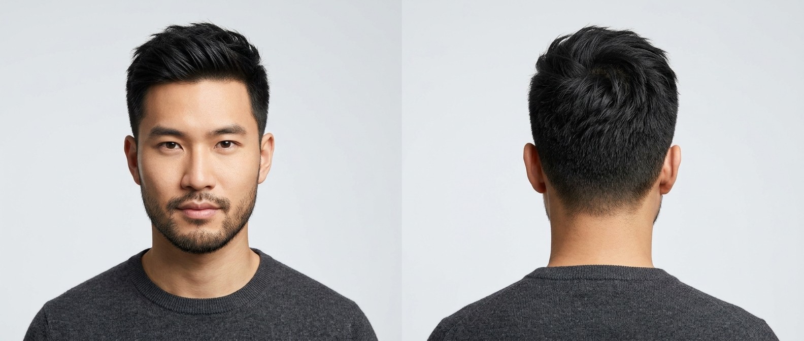 Asian man with a short beard modeling a modern textured top hairstyle with short tapered sides, showing both front and back angles.