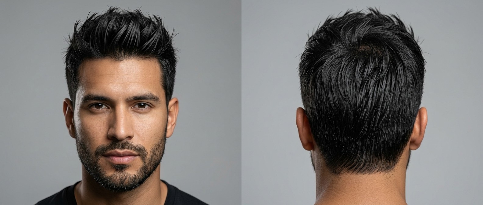 Vista frontal e traseira de um homem com corte curto texturizado, pontas espetadas, laterais em degradê e barba curta em cabelo fino e liso.