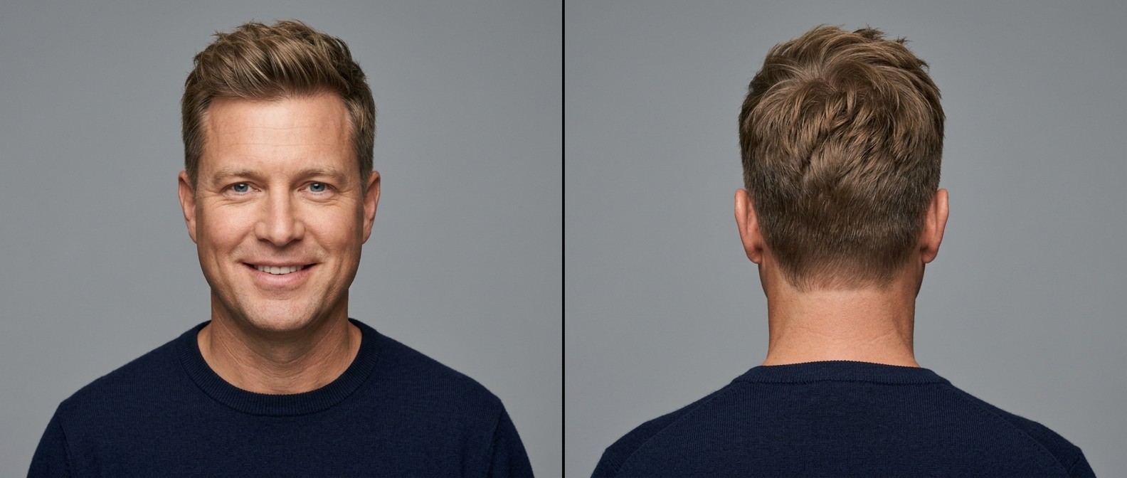 Middle-aged man with light brown hair modeling a modern textured top haircut with tapered sides and a swept-up front quiff.