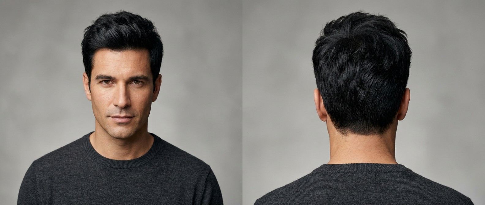 Mature man with thick black hair modeling a modern textured top haircut with softly tapered sides and a natural, swept-back front fringe.