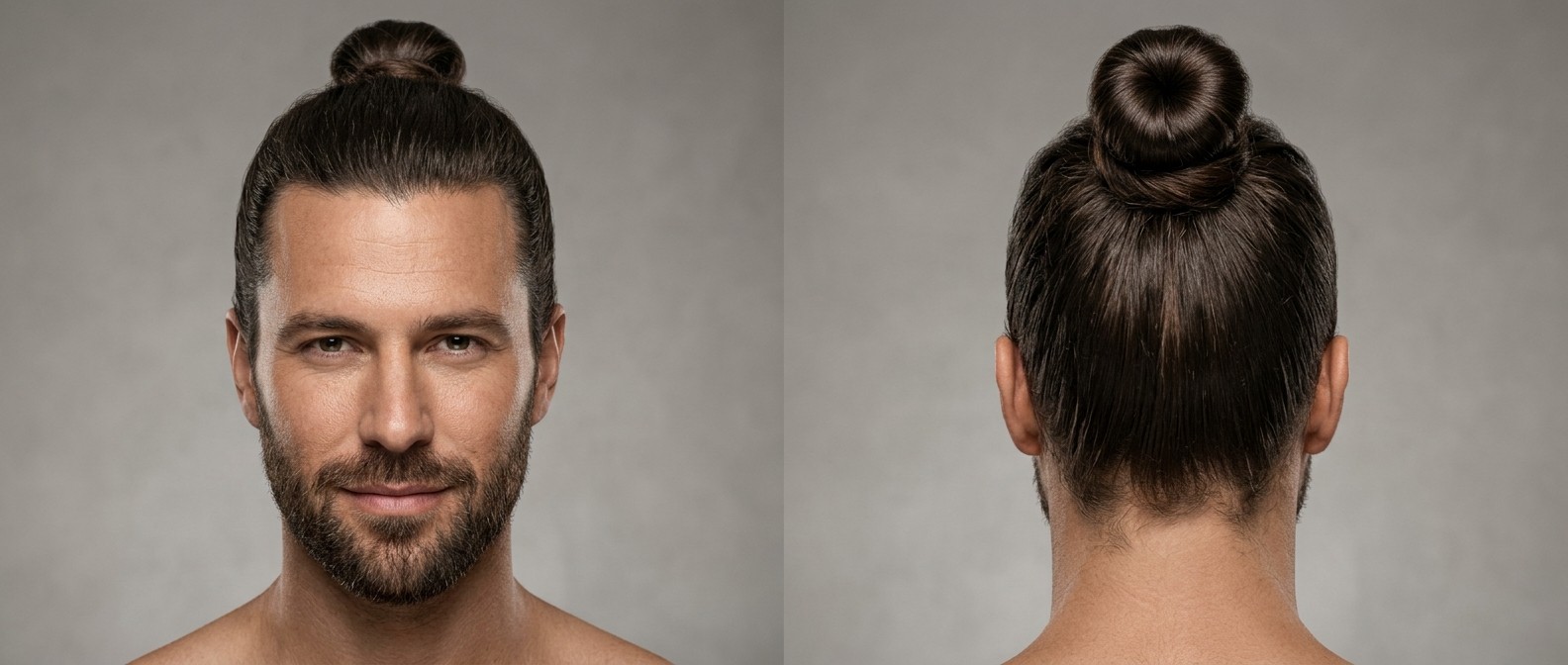 Portrait d'un homme caucasien de 35-45 ans avec un chignon haut châtain foncé, plaqué et bien enroulé, et une barbe courte soignée sur fond gris.