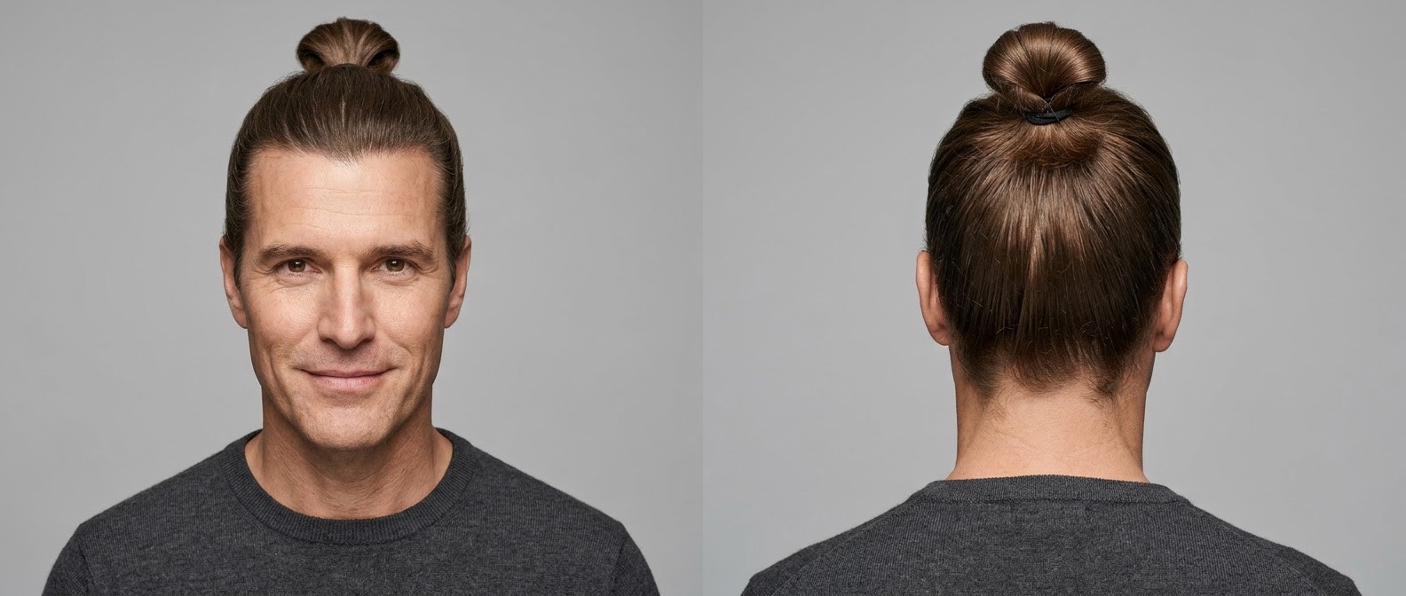 Front and back view of a mature man with brown, straight, thick hair styled in a sleek, full-length top knot positioned high on the crown.