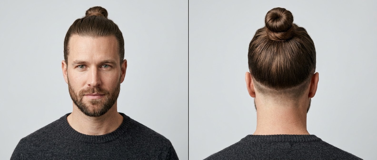 Front and back view of a Caucasian man with a high skin fade undercut, a prominent widow's peak, and thick straight brown hair tied in a top knot.