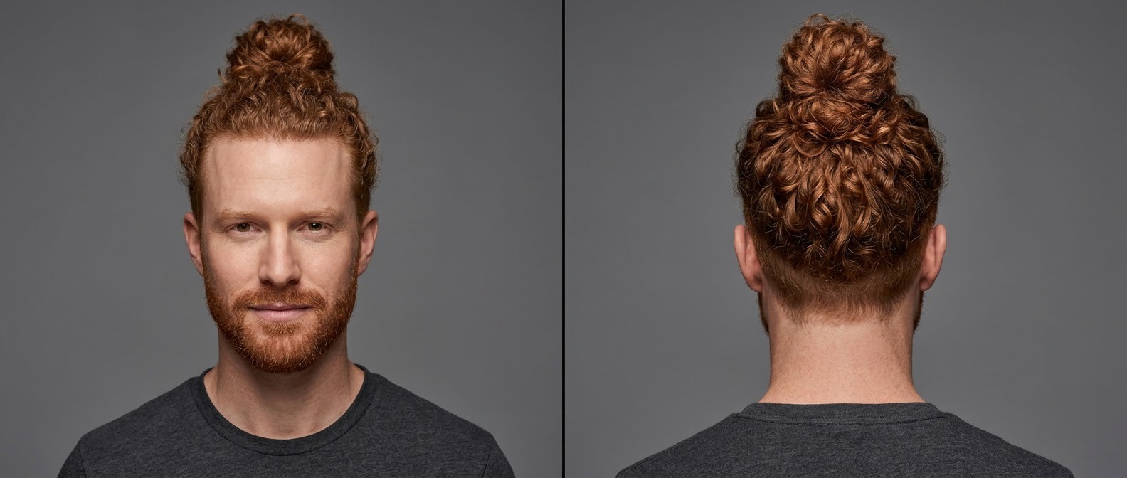 Front and back view of a Caucasian man with a copper red curly top knot, skin shaved undercut sides, widow's peak, and a short groomed beard.